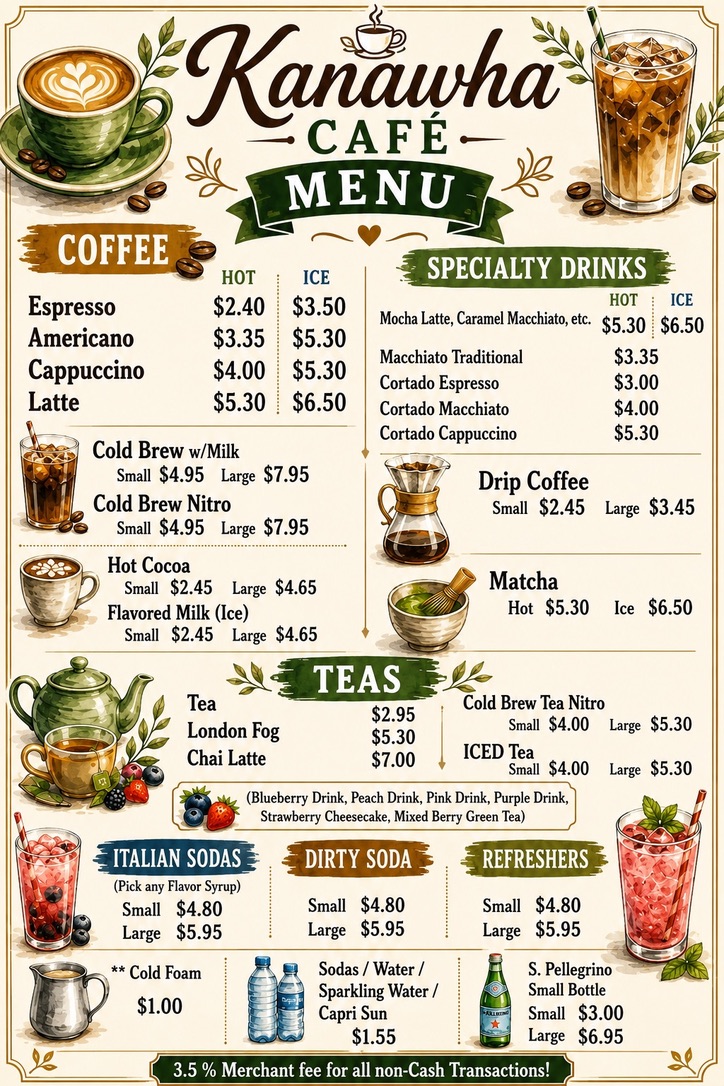 Kanawha Café beverage menu