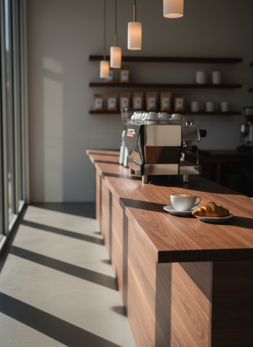 A refined coffee bar inside Kanawha Cafe, featuring a long, dark walnut counter with a soft satin finish and a gleaming stainless-steel espresso machine in the center. On the counter, a pristine white ceramic cappuccino cup with silky latte art sits beside a small plate of a flaky croissant. Floor-to-ceiling windows reveal soft morning sunlight streaming in, casting elegant, elongated shadows across the polished concrete floor. In the background, shelves with neatly arranged bags of locally roasted beans and simple ceramic jars are softly blurred. Photographic realism, eye-level composition with shallow depth of field, warm pendant lighting adding a sophisticated, calm, and inviting atmosphere ideal for a modern coffee shop homepage hero image.