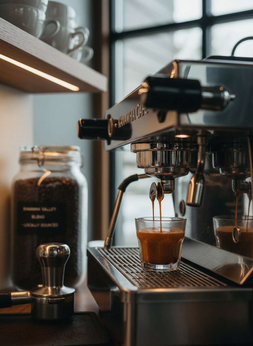 A close-up, side-angle photographic shot of a barista-style espresso preparation scene at Kanawha Cafe, without showing any person. A portafilter filled with finely ground coffee rests on a brushed metal tamping station, next to a sleek, chrome-finished commercial espresso machine. A double shot of espresso pours in a rich, caramel stream into a clear glass demitasse, crema forming a velvety layer on top. Warm under-cabinet lights reflect off the machine’s polished surfaces while soft ambient light from nearby windows gently fills the scene. Background elements like neatly stacked ceramic cups and a jar of locally sourced coffee beans are softly blurred, creating a focused, sophisticated, and professional mood with cinematic, shallow depth of field composition.