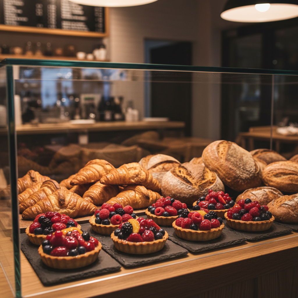 A close-up, highly detailed photographic image of Kanawha Cafe’s bakery display case, filled with an artful arrangement of fresh baked goods. Golden croissants with visible flaky layers, rustic sourdough loaves with crisp, blistered crusts, and neatly lined fruit tarts with glossy seasonal local berries rest on wooden trays and slate boards within a clear glass case. Overhead warm lighting creates gentle highlights on the pastries and subtle reflections on the glass, while the background shows a softly blurred hint of the cafe interior. The mood is indulgent yet refined, with a clean, modern composition centered on the vibrant textures and colors of the baked goods, emphasizing freshness and quality.