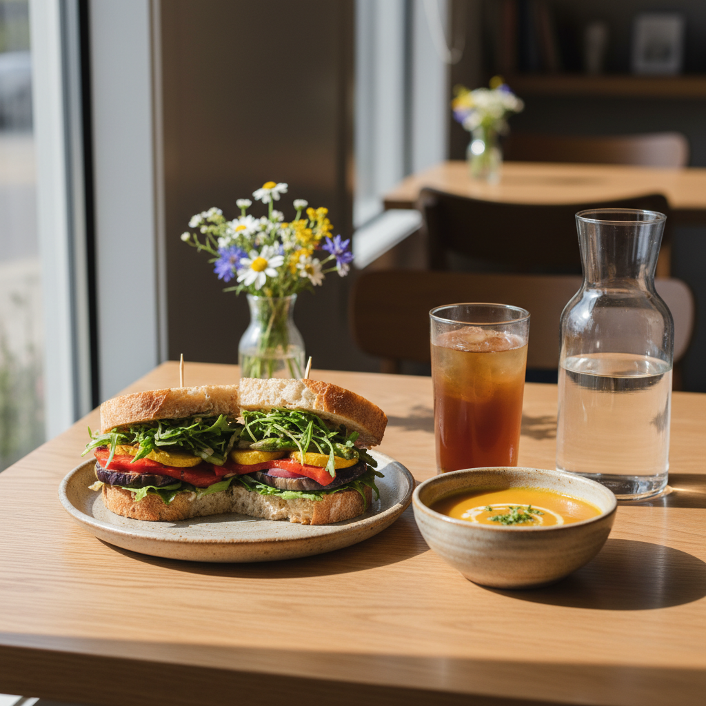 A detailed photographic still life of Kanawha Cafe’s lunch offering, styled on a natural oak table near a large window. A handcrafted ceramic plate holds a gourmet sandwich made with crusty local bread, layered with colorful roasted vegetables and greens, alongside a small bowl of bright, freshly made soup. Beside it sits a tall glass of iced tea with condensation droplets and a sleek, minimalist carafe of filtered water. Soft midday sunlight streams across the table, highlighting the textures of the fresh ingredients and casting gentle, directional shadows. Background elements such as a small vase with local wildflowers and a blurred hint of the cafe interior create a sophisticated, calm, and nourishing mood, with a rule-of-thirds composition and shallow depth of field.