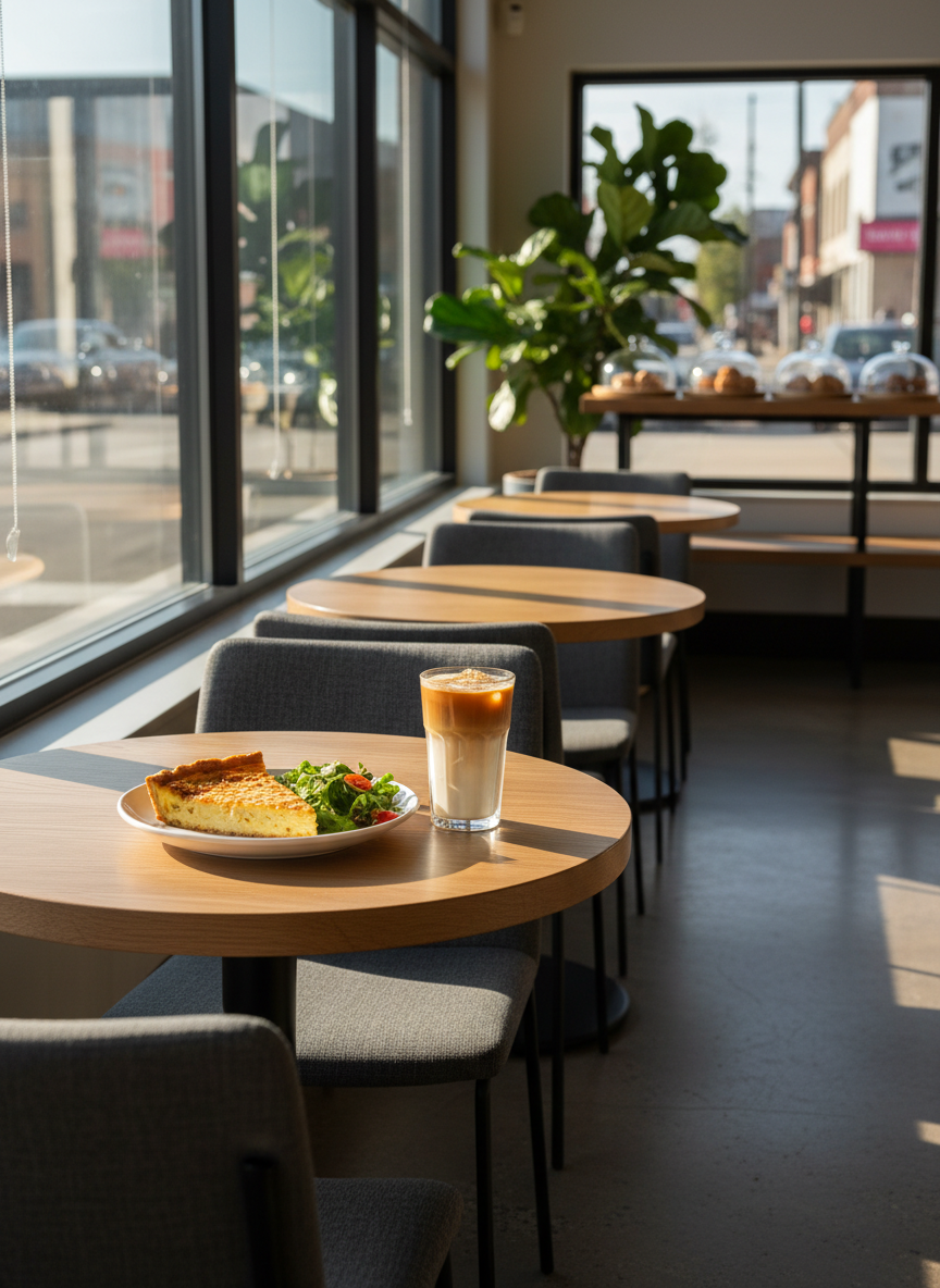 The interior seating area of Kanawha Cafe captured in photographic realism, showcasing a row of small, round oak tables with subtle grain, each paired with upholstered charcoal-gray chairs. On one table, a simple setting displays a white ceramic plate with a slice of artisan quiche and a small side salad of local greens, next to a glass of iced latte with visible layers. Large windows along one wall allow golden late-afternoon light to spill in, creating dappled patterns on the floor and tabletops. Potted greenery and a minimal shelf with bakery goods in glass domes appear softly in the background. Wide-angle, eye-level composition with sharp focus throughout, conveying a serene, upscale yet welcoming dine-in atmosphere.