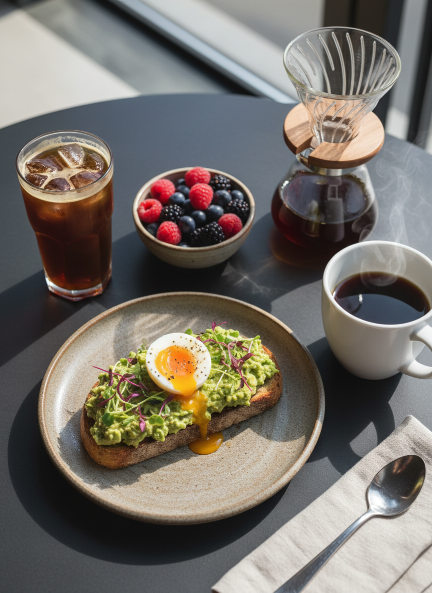 An overhead photographic view of a sophisticated breakfast spread at Kanawha Cafe, arranged on a matte charcoal table. A rustic stoneware plate holds an open-faced avocado toast topped with vibrant microgreens and a soft-boiled egg, next to a small bowl of mixed local berries. A tall, clear glass of cold brew coffee with clinking ice cubes sits beside a pristine white ceramic mug of hot pour-over coffee, steam rising delicately. Natural daylight from an unseen nearby window creates soft, diffused highlights and gentle shadows, enhancing the colors of the fresh ingredients. Clean, modern composition with balanced negative space, shallow depth of field around the center plate, evoking a fresh, elevated yet approachable breakfast experience.